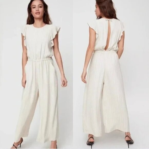 Aritzia Wilfred Fleurette Ruffled Wide Leg Jumpsuit Striped Cream Size Small - Picture 2 of 9